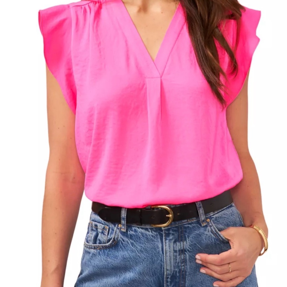 Vince Camuto Bright Pink V-Neck Flutter Sleeve Blouse